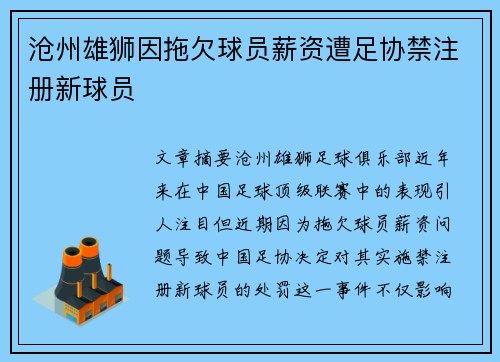 沧州雄狮因拖欠球员薪资遭足协禁注册新球员
